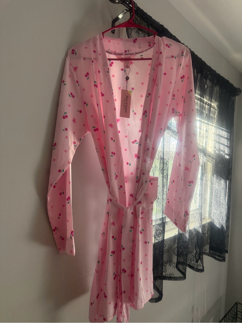Juicy Couture Pink Sheer Cherry-Print Wrap Robe